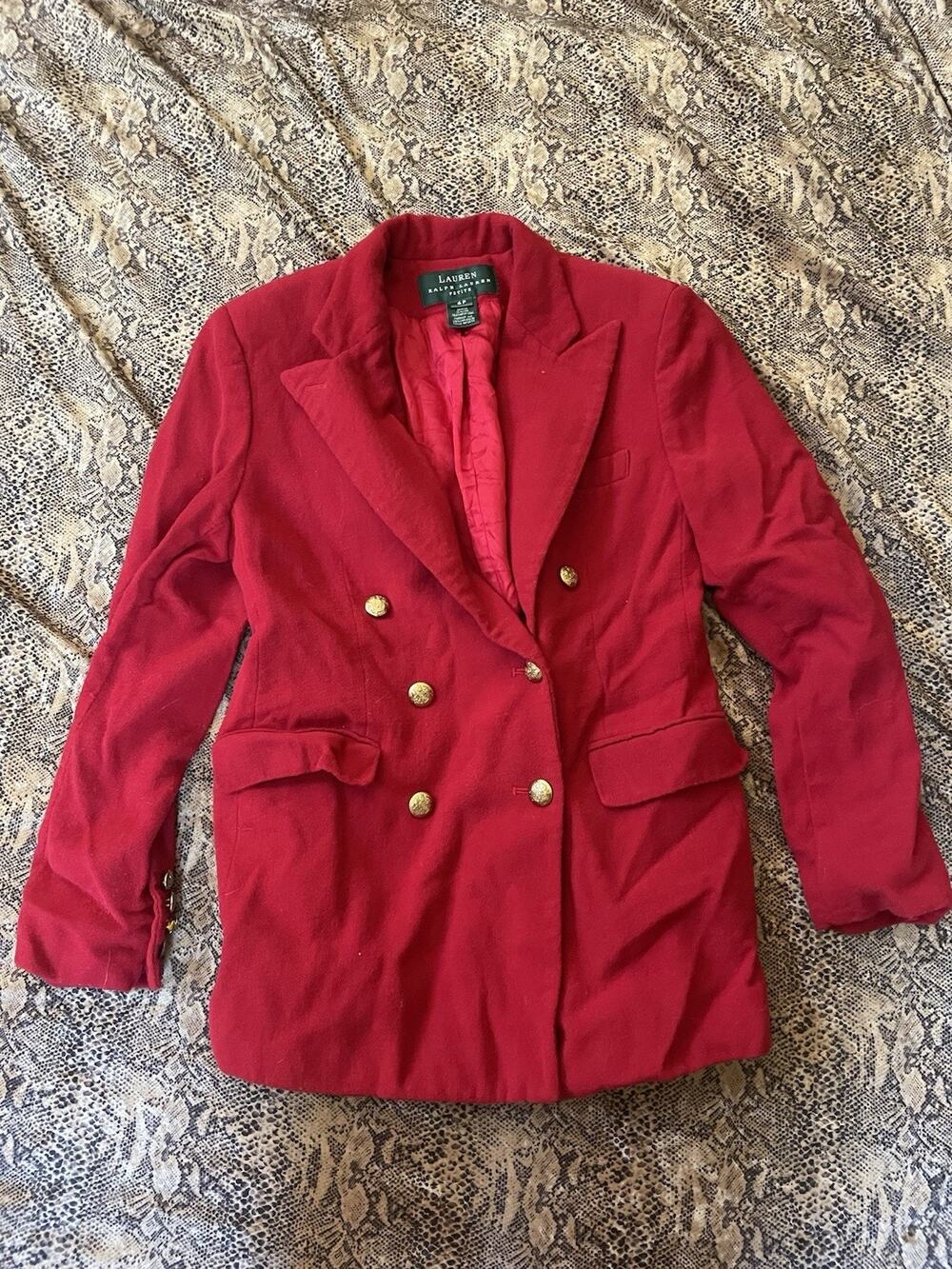 Lauren Ralph Lauren Vintage Wool Red Double Breasted Blazer Petite Size 6